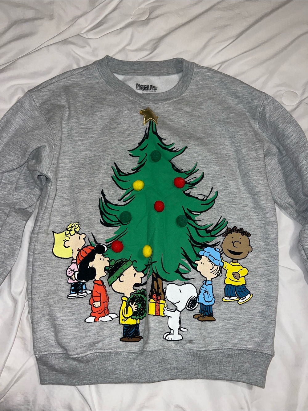 Peanuts Holiday Tree Crewneck Sweatshirt - Gray, Green, Red, Yellow